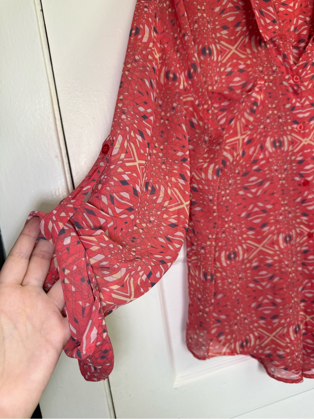 Free People Easy Rider Sheer Chiffon Coral Geometric Print Button-Down Shirt M - Picture 4 of 13